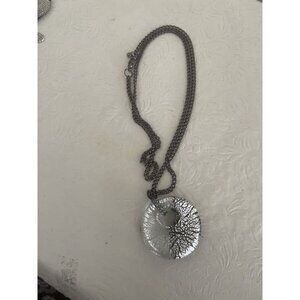 Murano Glass Pendant 1.5” Round Black Silver 26” Chain Necklace Abstract Fused